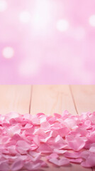 Pink rose petals on wooden table over bokeh background.