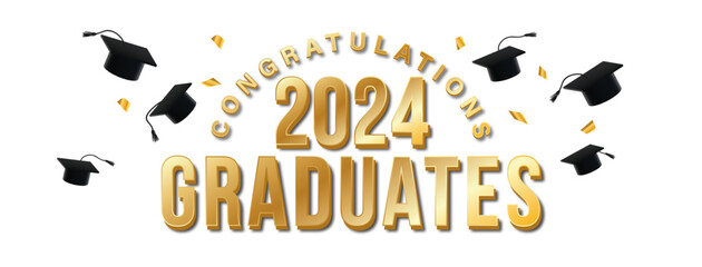 White background - Gold Text - Graduation Web Banner or Sign Congratulations 2024 Graduates Text - Confetti and Caps