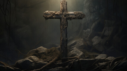 A stone crucifix fixed on a surface of stone - obrazy, fototapety, plakaty