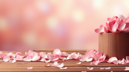 Wooden bowl with pink sakura petals on bokeh background.