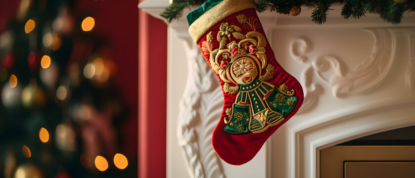 Amidst the festive glow of a decorated christmas tree, a red and green stocking hangs from the fireplace, evoking warm holiday memories and adding a charming touch to the indoor decorations