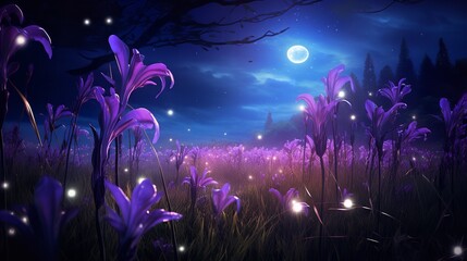 Fototapeta premium Moonlit Iris Field and Fireflies - AI Generated