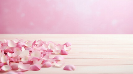Pink rose petals on wooden background with copy space for text.