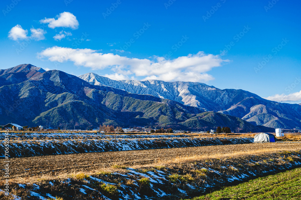 Poster 雪が降った北アルプスと田園風景　