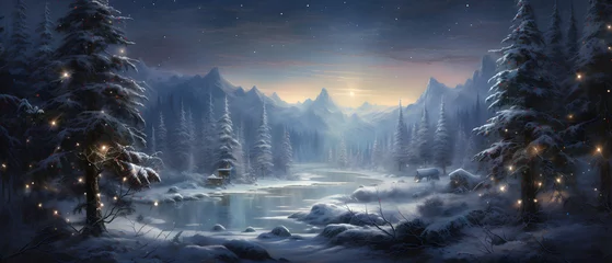 Zelfklevend Fotobehang Amidst a wintry wonderland, a river flows through snow-covered mountains as towering spruce and fir trees stand as symbols of the christmas season in this picturesque outdoor landscape © JohnTheArtist