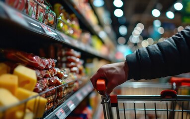 A man's hand firmly grips a shopping cart as he navigates through a supermarket. The shelves are...