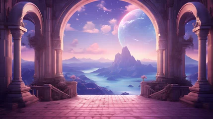 Schilderijen op glas 3d illustration of dreamland in pink and purple, in moonlight, fantasy, paradise © chui