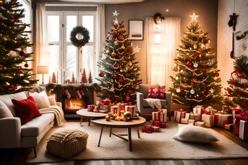 Fototapeta na wymiar christmas decorated living room, decorated christmas tree, cozy blankets and pillows