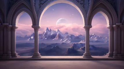 Foto op Plexiglas 3d illustration of dreamland in pink and purple, in moonlight, fantasy, paradise © chui