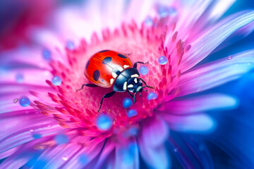 Beautiful ladybug on pink flower. Close-up. Macro
