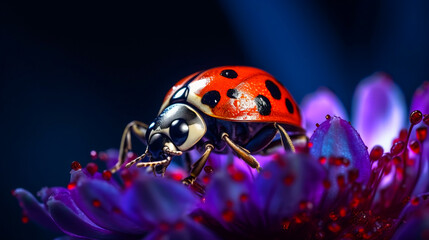 ladybug on purple flower macro closeup, insect in nature