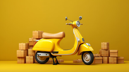 Yellow scooter on a yellow background with boxes. 3d rendering
