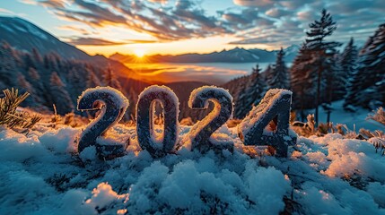 Happy New Year 2024 in the mountains. Beautiful winter landscape.