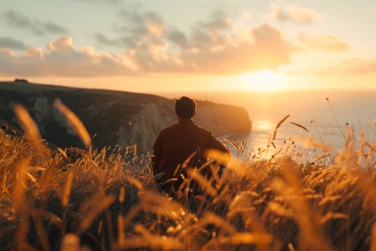 A person sits amidst tall grass, gazing at a seaside sunset, embodying a moment of reflection and peace.

