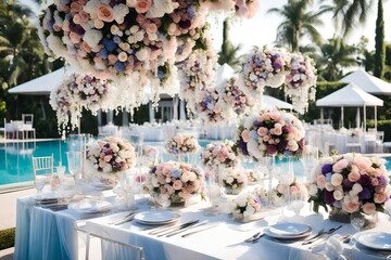 Intimate outdoor wedding dinner with family and friends featuring a romantic poolside stage and modern decorations in pale blue white pink and purple complemented by flower accents