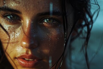 Intense close-up of a woman's face with water droplets, her piercing gaze illuminated by a natural light source.