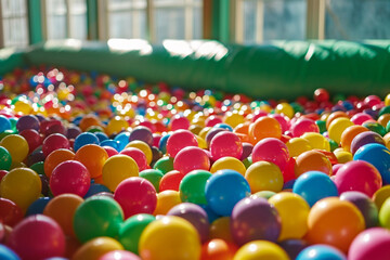 A brightly colored ball pit in a corner of the playroom, with multi-colored plastic balls