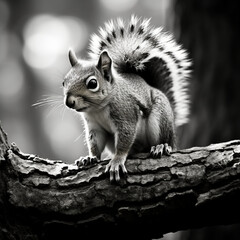 Fotografia en blanco y negro de simpatica ardilla sobre una rama de arbol