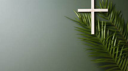 Catholic Easter atmosphere with a white cross paired harmoniously with a palm leaf on a vibrant green background
