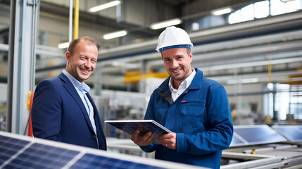 Engineers or businessmen at factory of solar cell panels. Business meeting at production