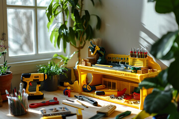 A corner setup with a play tool bench and plastic tools for pretend play