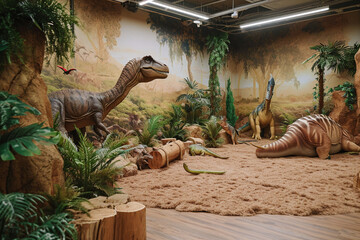 A dinosaur-themed playroom with large, soft play dinosaurs and prehistoric plants