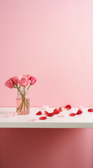 Pink roses in a glass vase on a white shelf with rose petals.