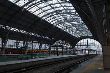 Naklejka premium Main railway station in Prague on a winter evenign in december. It's the main complex wheretrains arrive and leave