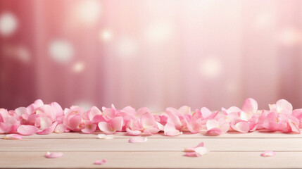 Pink rose petals on wooden table with bokeh background.