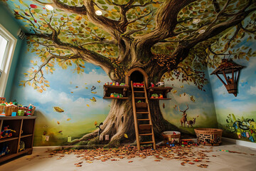 A floor-to-ceiling tree mural in a playroom, with shelves built into the tree for toy storage