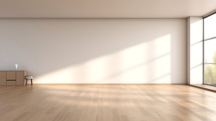 White wall mockup with wood floor. Large window giving a soft shadow on the wall. 3D illustration. - Powered by Adobe