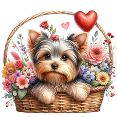 cute watercolor dog in flowers basket