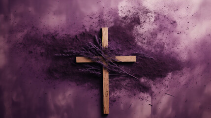 Sacred journey with a purple background featuring a cross adorned with lavender-colored ash,...