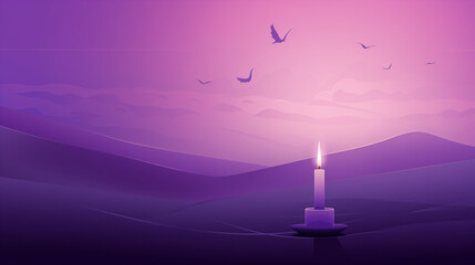 Serene landscape against a violet background, accompanied by a flickering candle, embodying purity, relaxation, and a soothing aroma