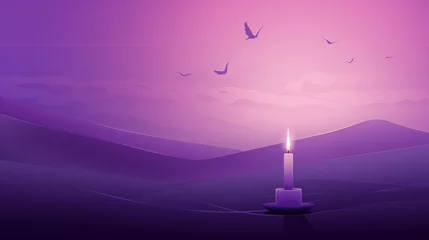 Poster Serene landscape against a violet background, accompanied by a flickering candle, embodying purity, relaxation, and a soothing aroma © Laura