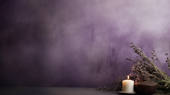 Purple background adorned by a candle and lavender, evoking purity, relaxation, and a delightful aroma in a calm atmosphere - Powered by Adobe