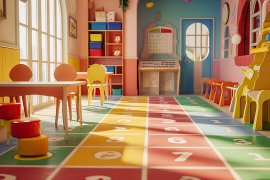 A playroom featuring a floor with interactive, educational hopscotch, teaching numbers and letters