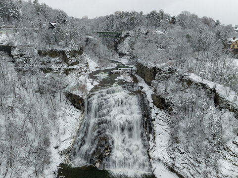 01-07-2024, Afternoon winter aerial photo of Ithaca Falls in Fall Creek, City of Ithaca, NY, USA	