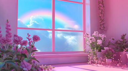 3d close-up of pink architecture with window and rainbow, fantasy