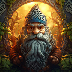 Gnome with a Celtic knotwork background