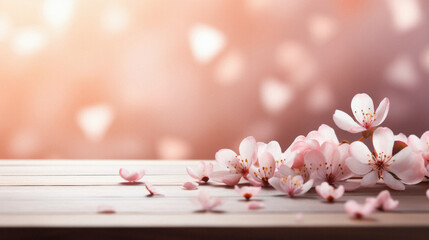 Cherry blossoms on wooden table with heart bokeh background.