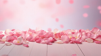 Pink rose petals on pink wooden table with bokeh background.