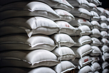 Obraz premium Stacks of cement bags stored in warehouse