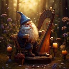 Gnome with a harp and musical notes