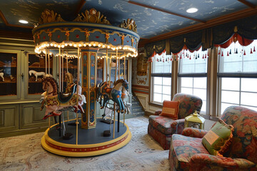 A playroom featuring a mini indoor carousel with hand-painted horses