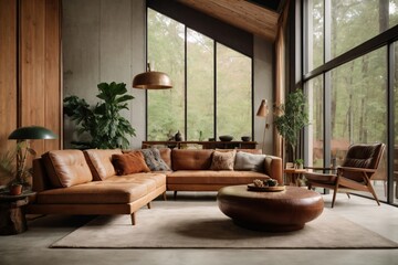 Fototapeta na wymiar Mid-century loft home interior design of modern living room in house in forest.