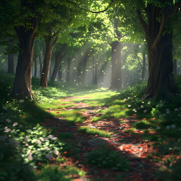 Realistic forest with sunlight, nature enviornment, mystery, tree