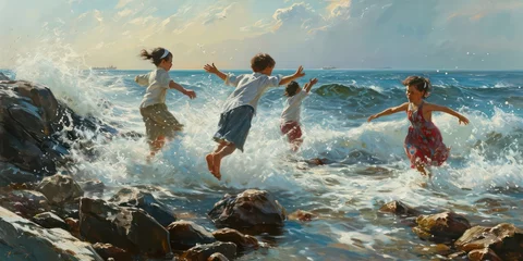 Foto op Plexiglas Several children, with outstretched arms, gleefully embrace the wind and savor the invigorating sea breeze while playing on the rocky beach. © Nattadesh