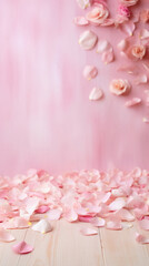 Obraz premium Pink rose petals on wooden table and pink background. Place for text.