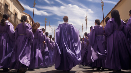 Solemn beauty of Holy Week as procession of penitents clad in purple robes winds through the streets of a quaint town, capturing the essence of a sacred tradition